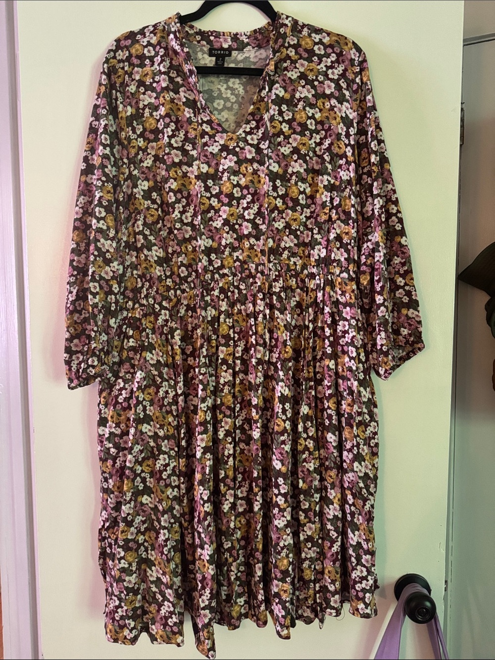 torrid Brown Floral Midi Dress with Pink & Mustard Accents